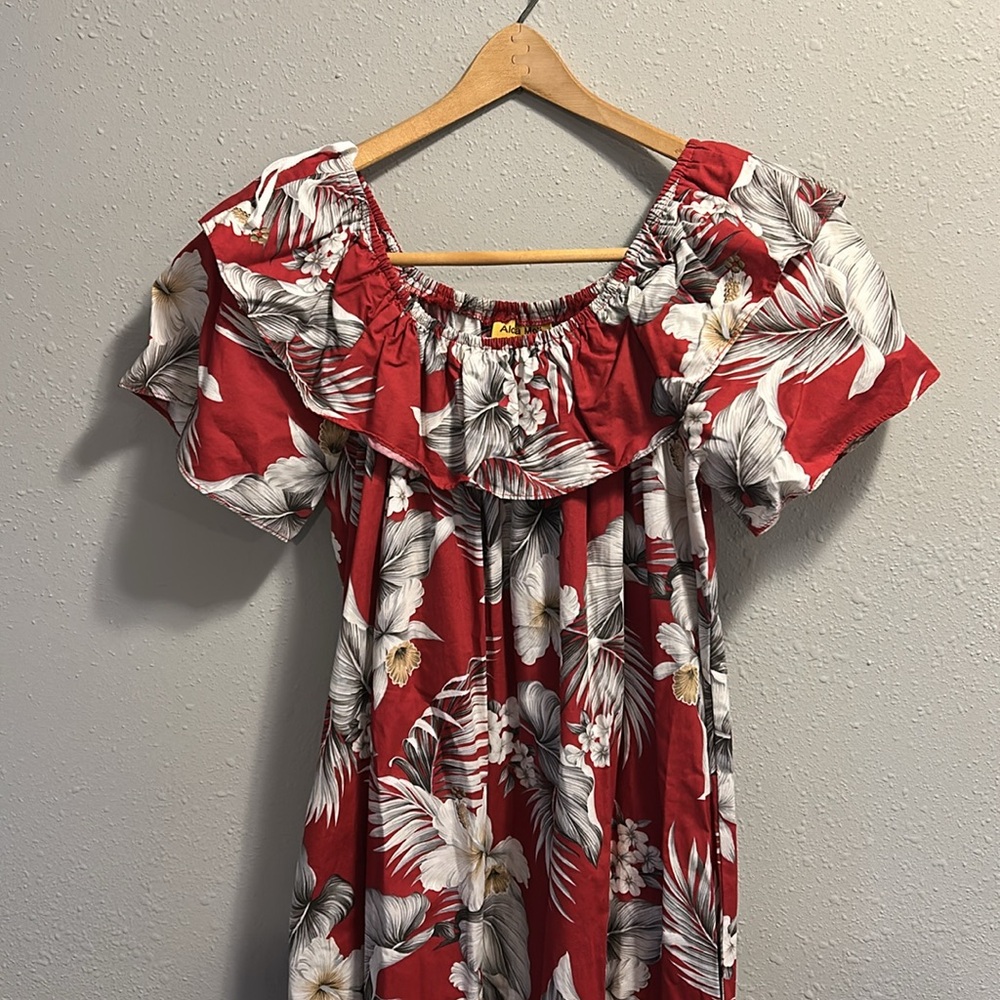 Vintage Aloha Mo'i Hawaii Floral Mumu Red Dress Off‎ Shoulder Midi - Picture 3 of 6